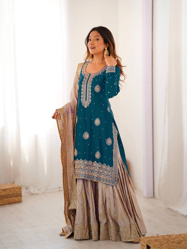 Designer Chinon Silk Embroidered Kurta Sharara Set with Dupatta