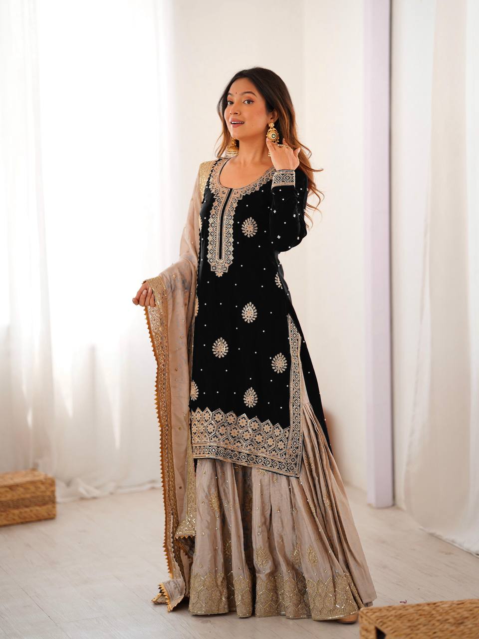 Designer Chinon Silk Embroidered Kurta Sharara Set with Dupatta