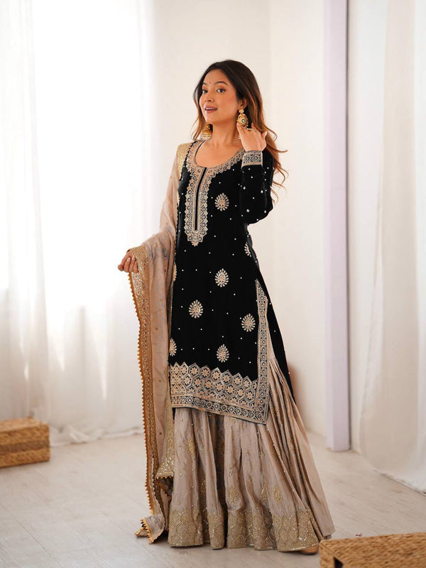 Designer Chinon Silk Embroidered Kurta Sharara Set with Dupatta