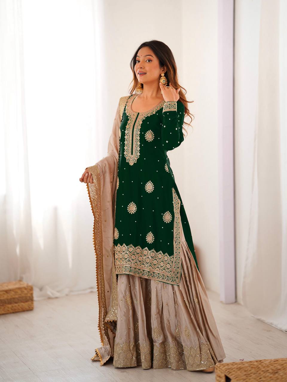 Designer Chinon Silk Embroidered Kurta Sharara Set with Dupatta