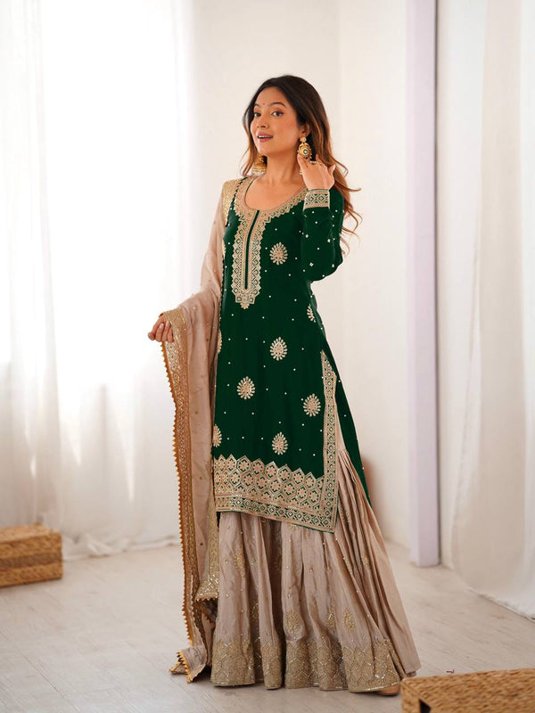 Designer Chinon Silk Embroidered Kurta Sharara Set with Dupatta