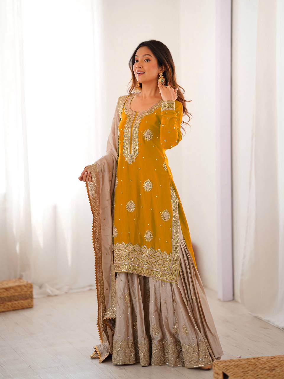 Designer Chinon Silk Embroidered Kurta Sharara Set with Dupatta