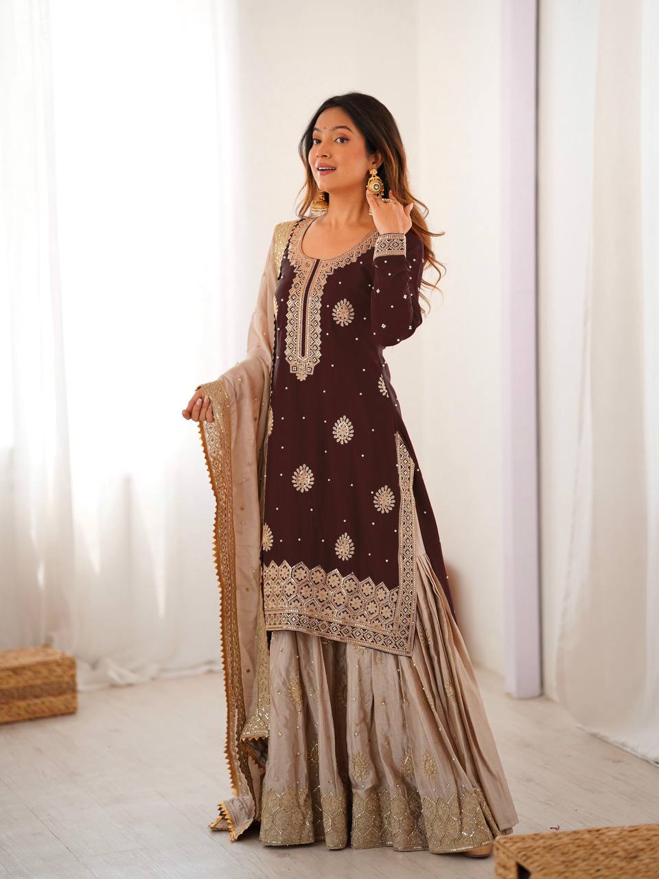 Designer Chinon Silk Embroidered Kurta Sharara Set with Dupatta