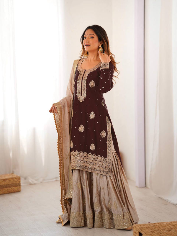 Designer Chinon Silk Embroidered Kurta Sharara Set with Dupatta