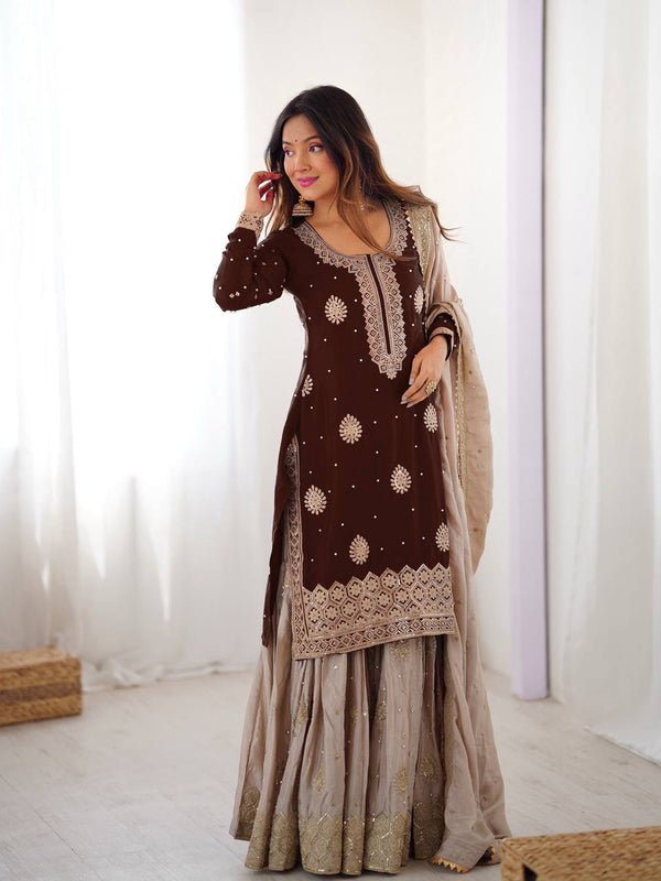 Designer Chinon Silk Embroidered Kurta Sharara Set with Dupatta