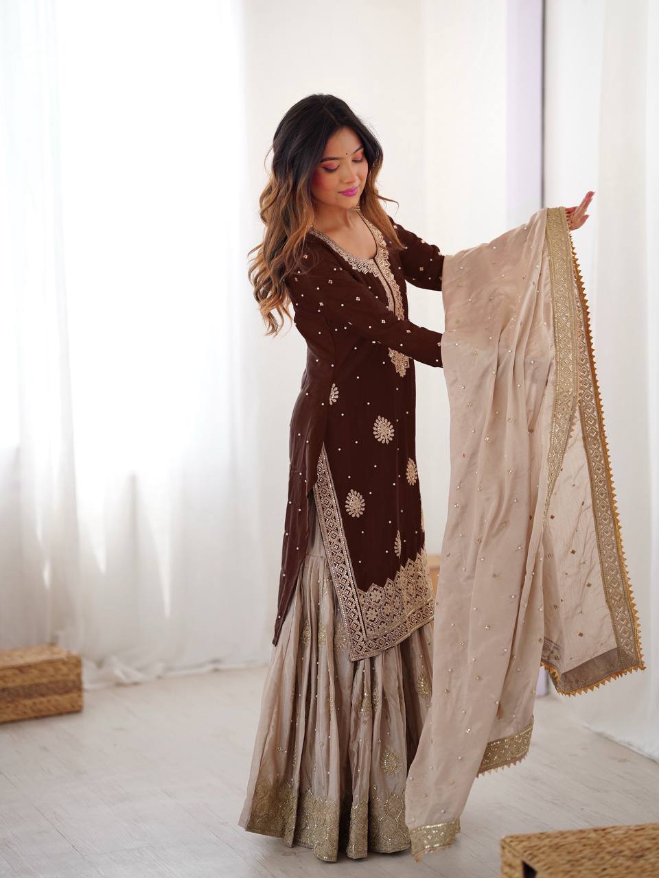 Designer Chinon Silk Embroidered Kurta Sharara Set with Dupatta