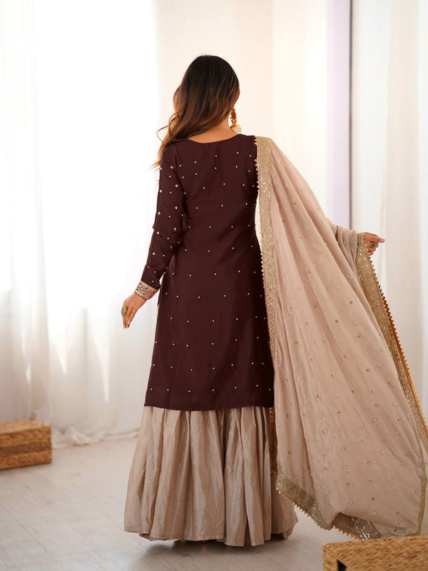 Designer Chinon Silk Embroidered Kurta Sharara Set with Dupatta