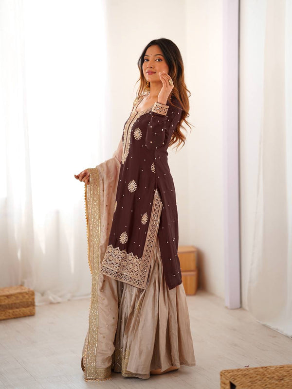 Designer Chinon Silk Embroidered Kurta Sharara Set with Dupatta