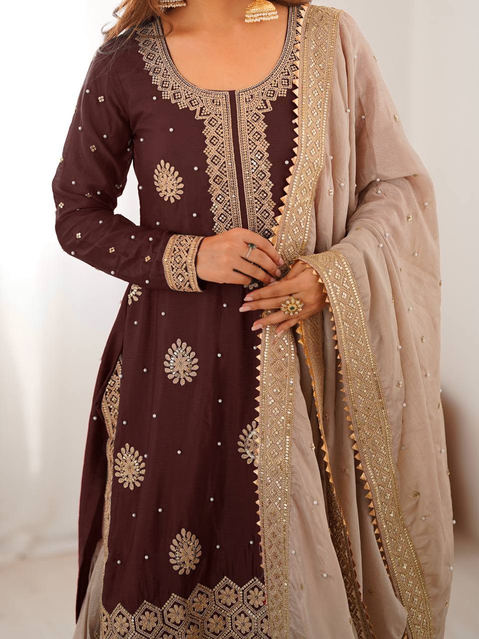 Designer Chinon Silk Embroidered Kurta Sharara Set with Dupatta