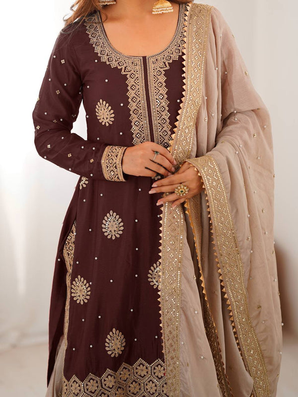 Designer Chinon Silk Embroidered Kurta Sharara Set with Dupatta