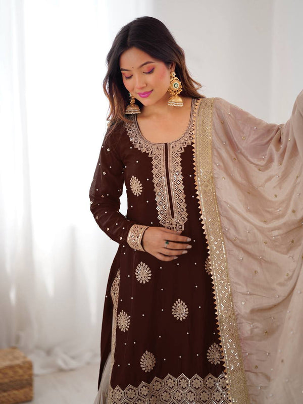 Designer Chinon Silk Embroidered Kurta Sharara Set with Dupatta
