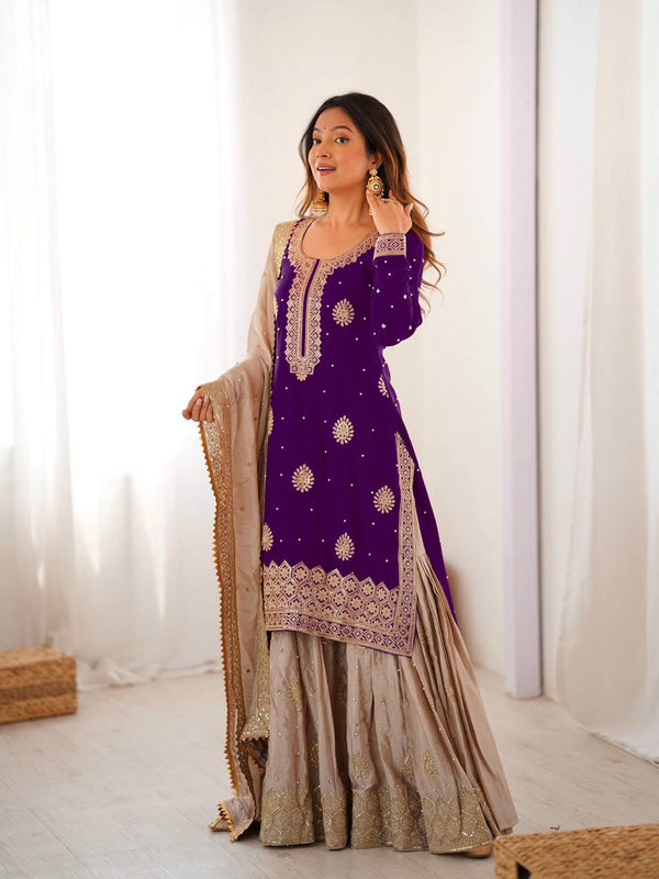 Designer Chinon Silk Embroidered Kurta Sharara Set with Dupatta