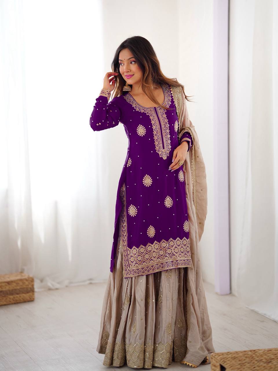 Designer Chinon Silk Embroidered Kurta Sharara Set with Dupatta