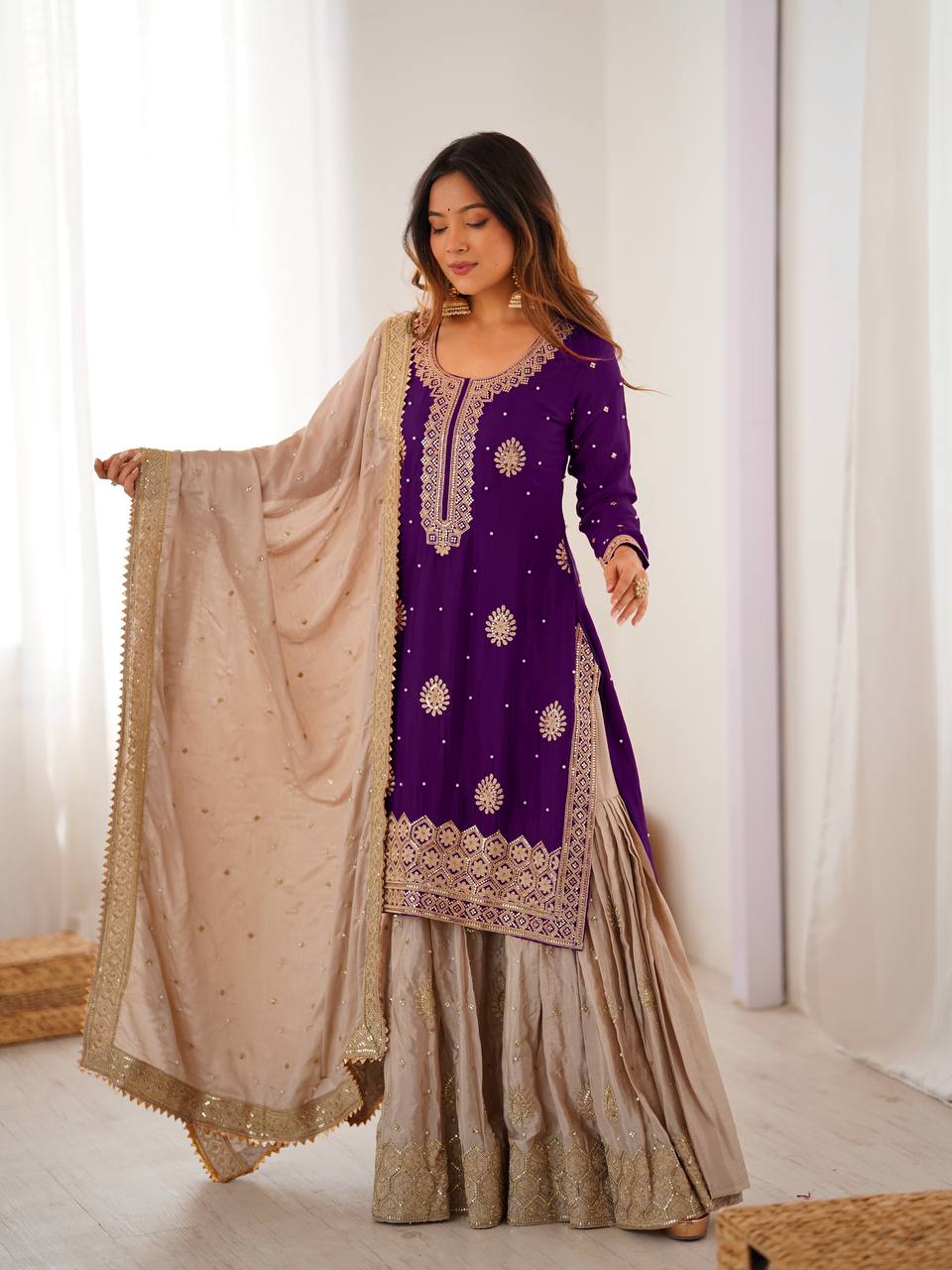 Designer Chinon Silk Embroidered Kurta Sharara Set with Dupatta
