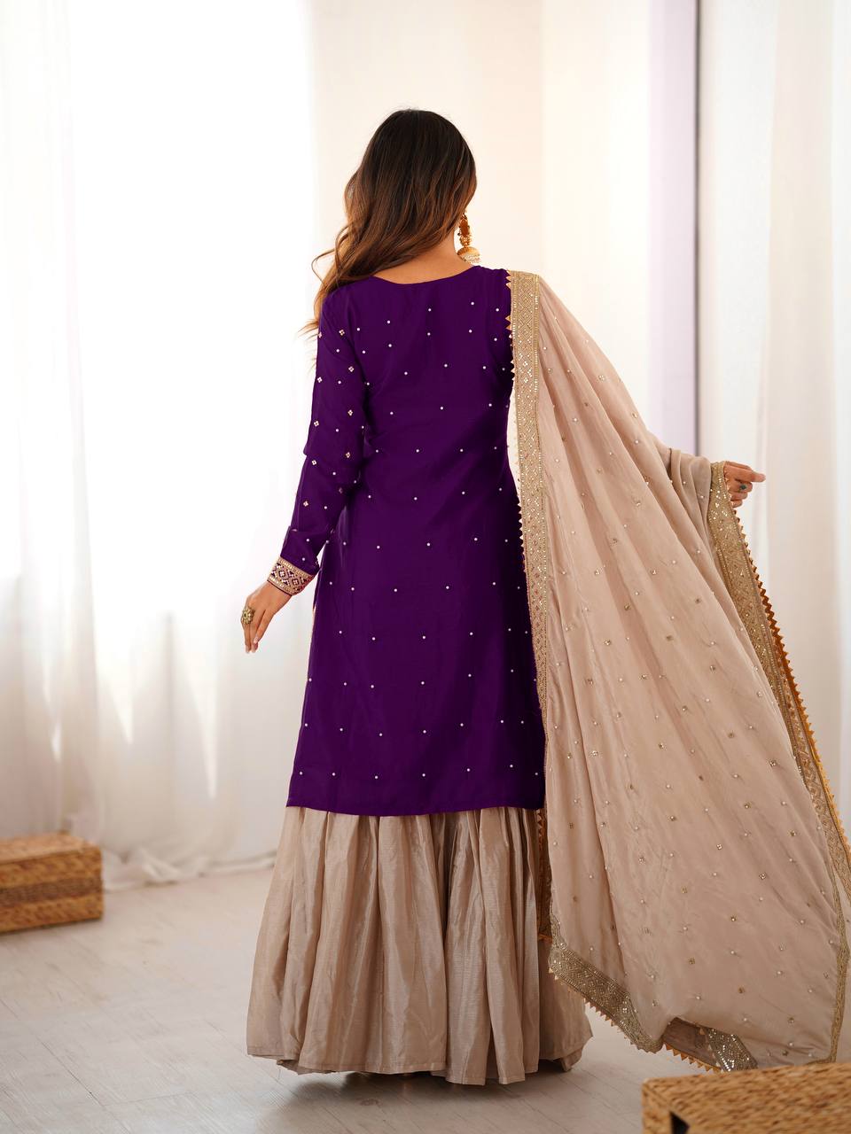 Designer Chinon Silk Embroidered Kurta Sharara Set with Dupatta