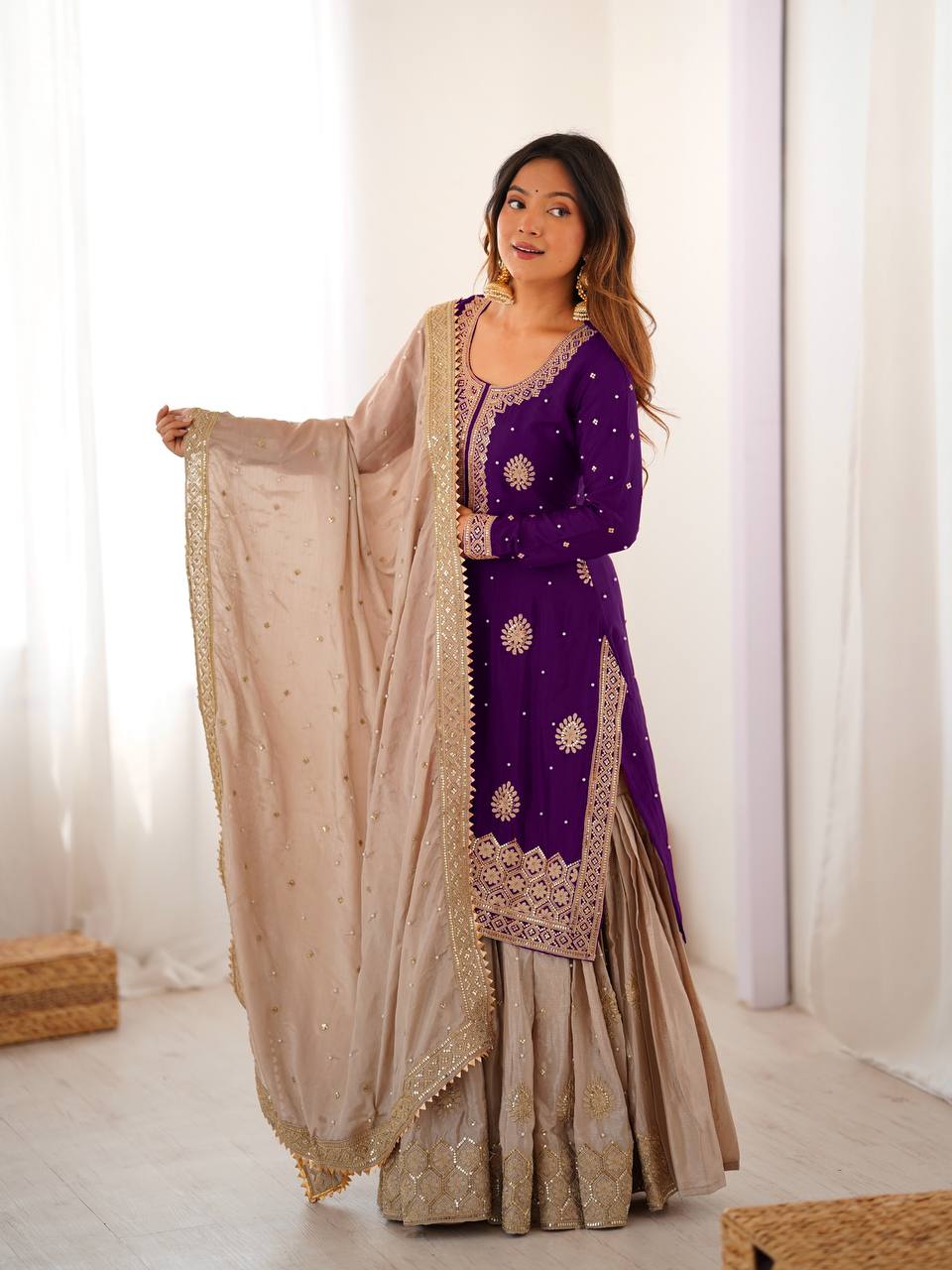 Designer Chinon Silk Embroidered Kurta Sharara Set with Dupatta