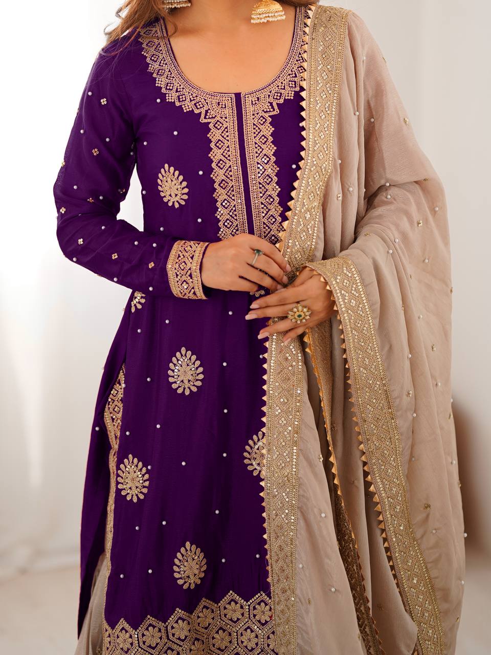 Designer Chinon Silk Embroidered Kurta Sharara Set with Dupatta