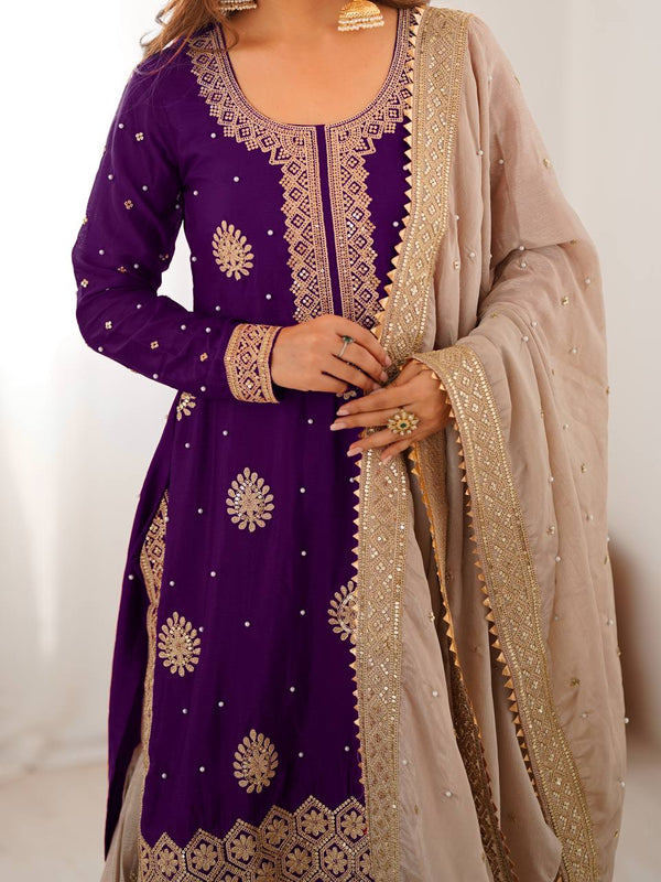 Designer Chinon Silk Embroidered Kurta Sharara Set with Dupatta