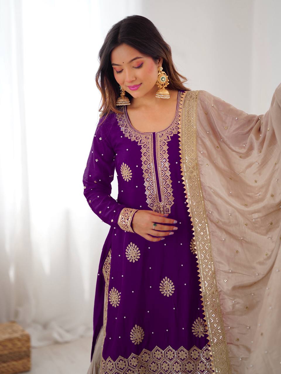 Designer Chinon Silk Embroidered Kurta Sharara Set with Dupatta