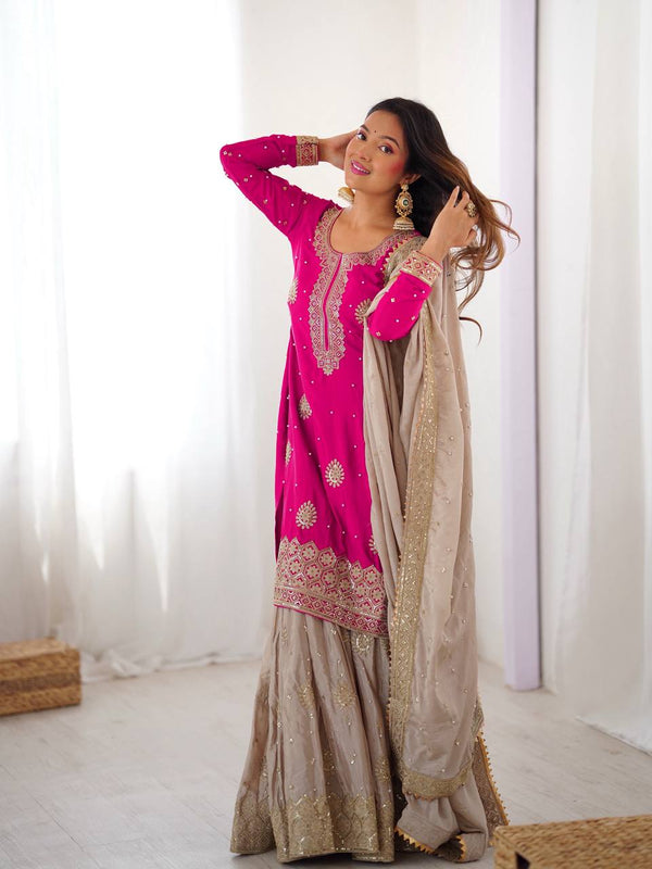 Designer Chinon Silk Embroidered Kurta Sharara Set with Dupatta
