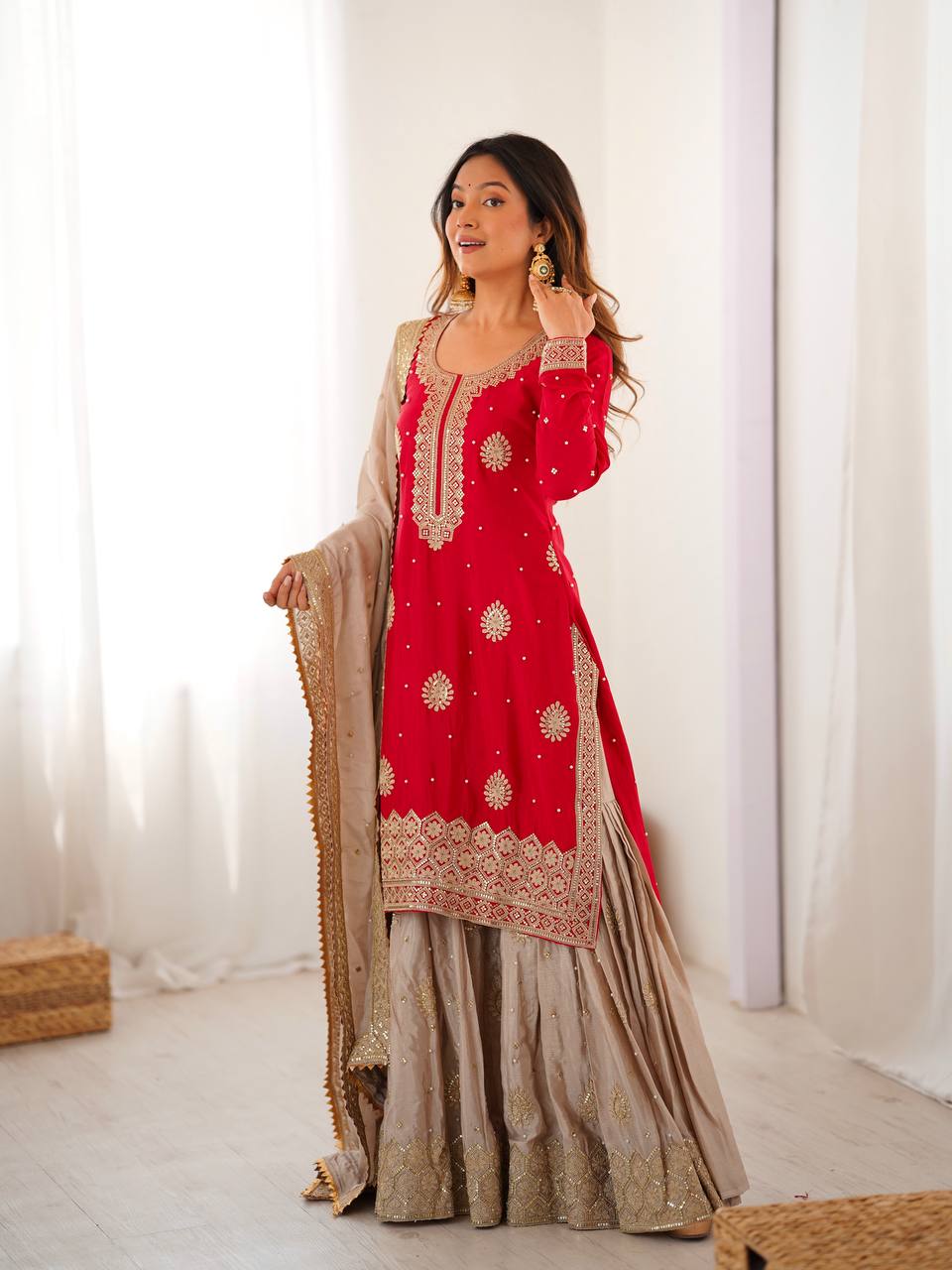 Designer Chinon Silk Embroidered Kurta Sharara Set with Dupatta