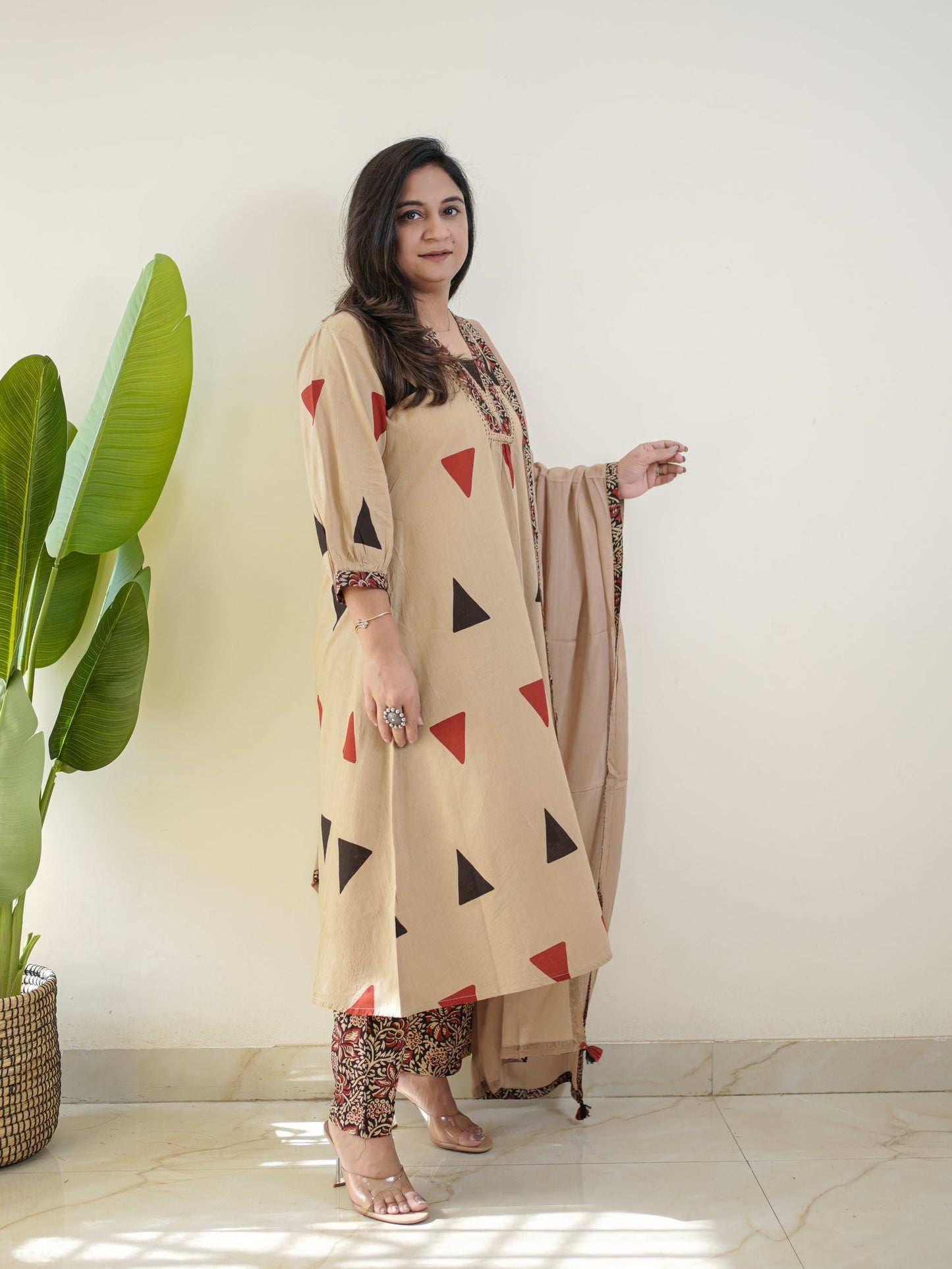 Red Kalamkari Cotton Suit Set with Pant & Dupatta
