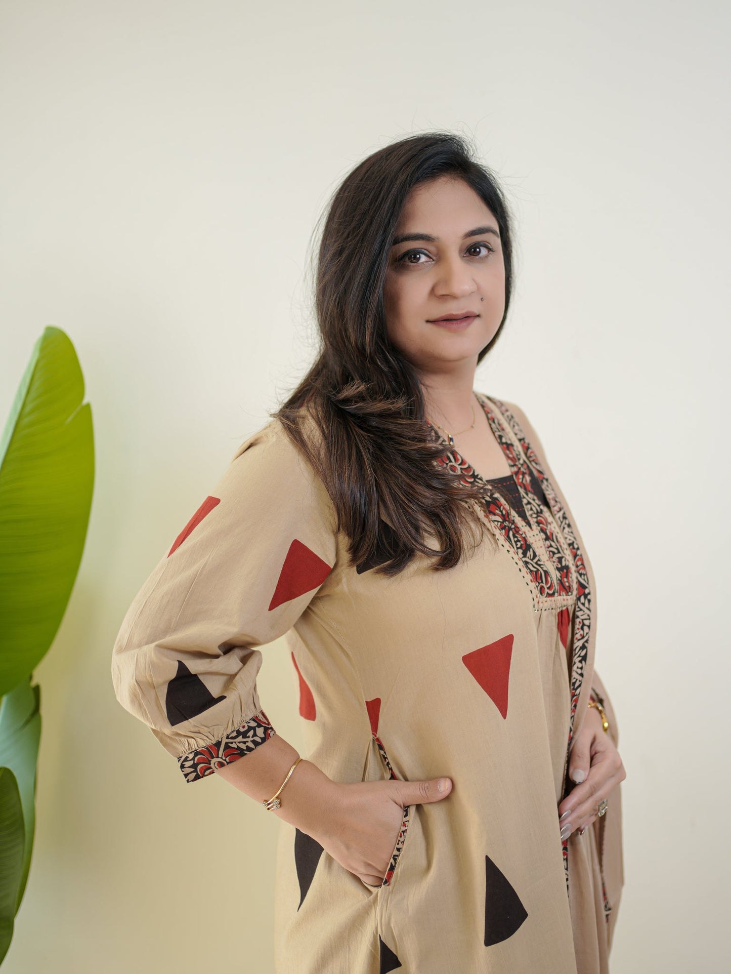 Red Kalamkari Cotton Suit Set with Pant & Dupatta