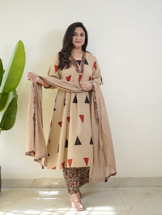 Red Kalamkari Cotton Suit Set with Pant & Dupatta