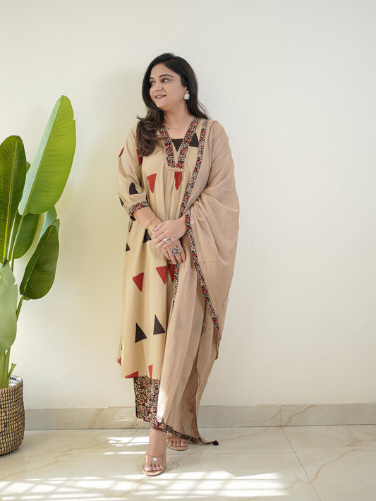 Red Kalamkari Cotton Suit Set with Pant & Dupatta