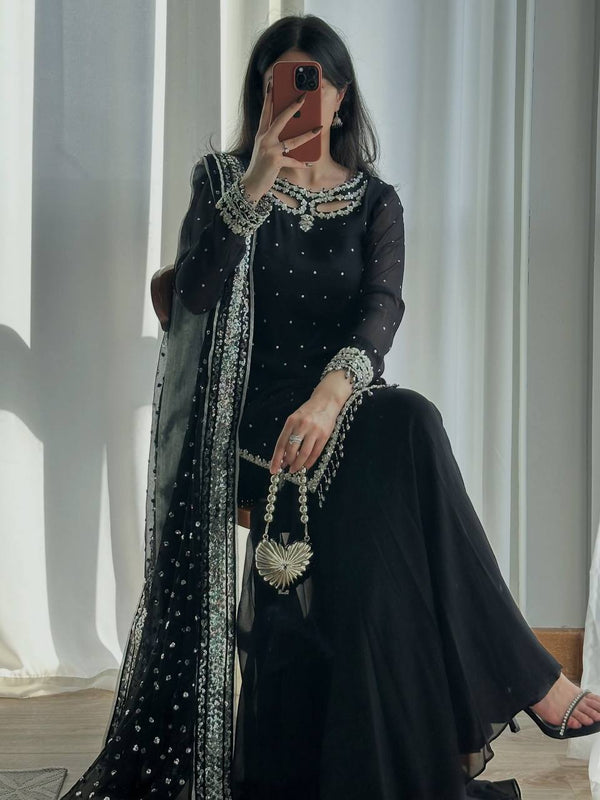 Heavy Faux Georgette Embroidered Suit Set with Soft Net Dupatta