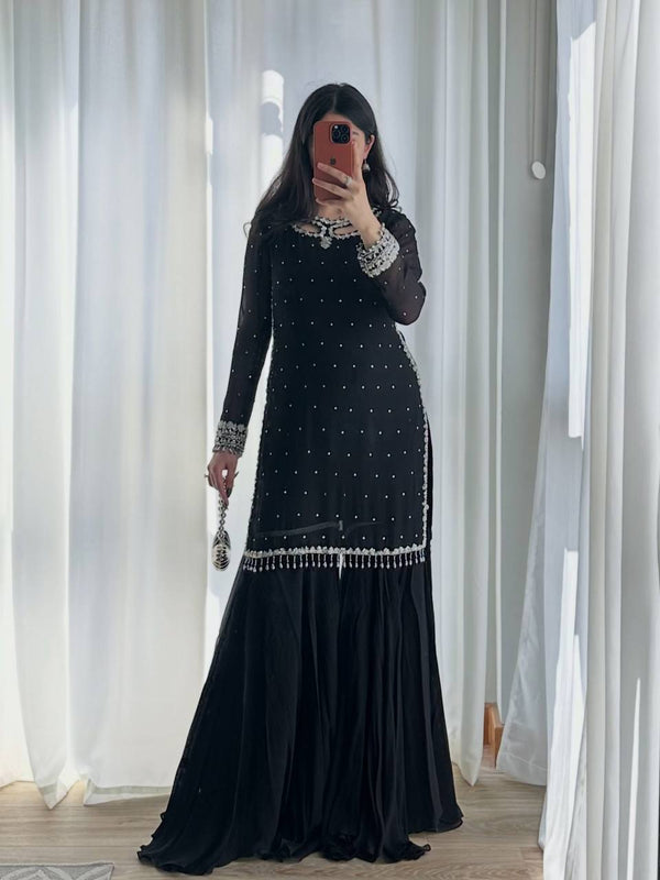 Heavy Faux Georgette Embroidered Suit Set with Soft Net Dupatta