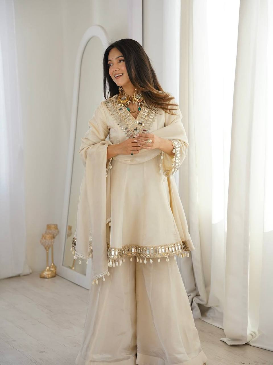 Elegant Organza Silk Mirror Work Sharara Suit Set with Dupatta