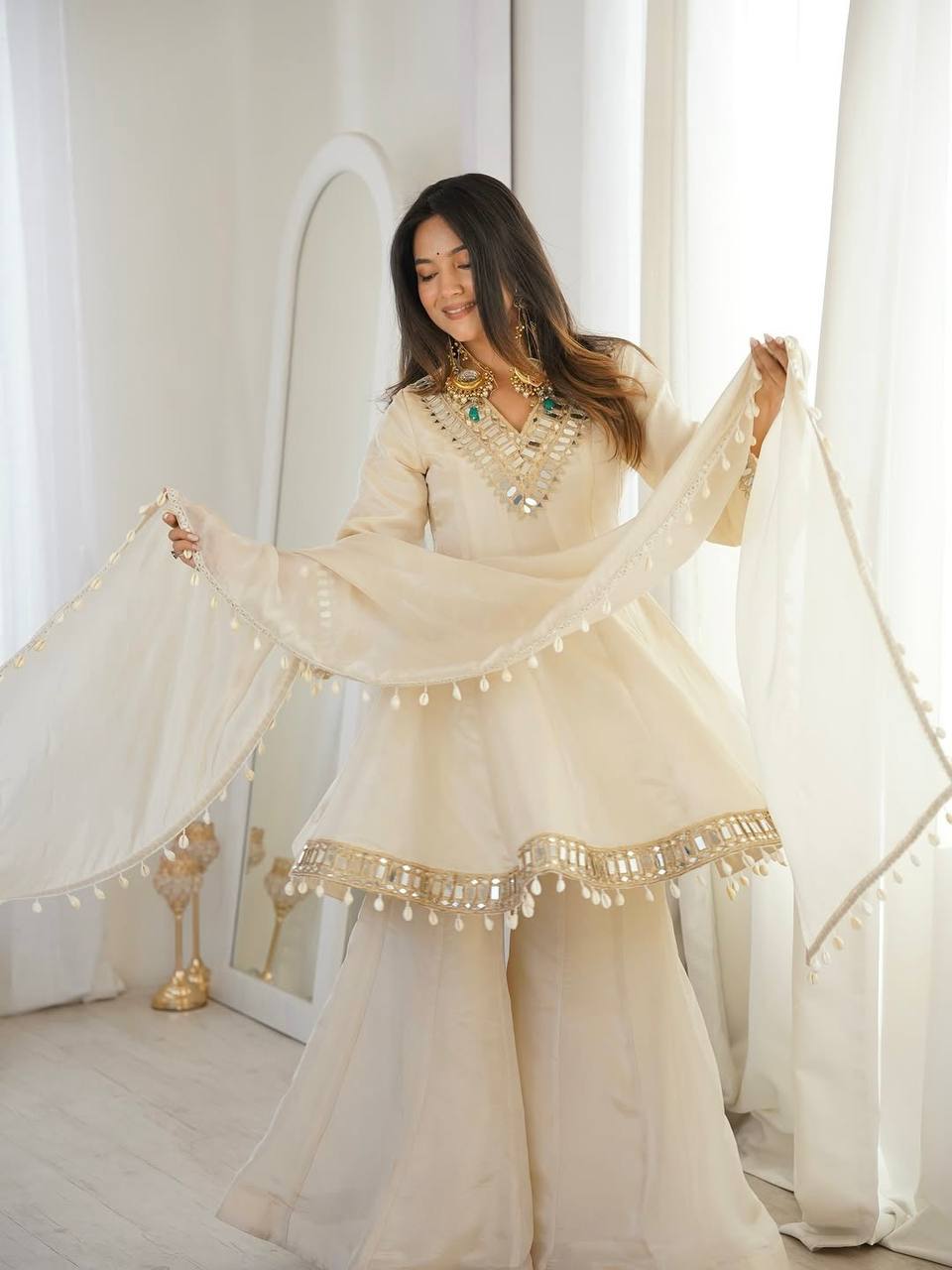 Elegant Organza Silk Mirror Work Sharara Suit Set with Dupatta
