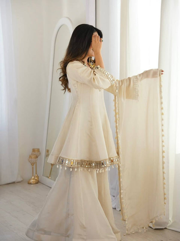 Elegant Organza Silk Mirror Work Sharara Suit Set with Dupatta