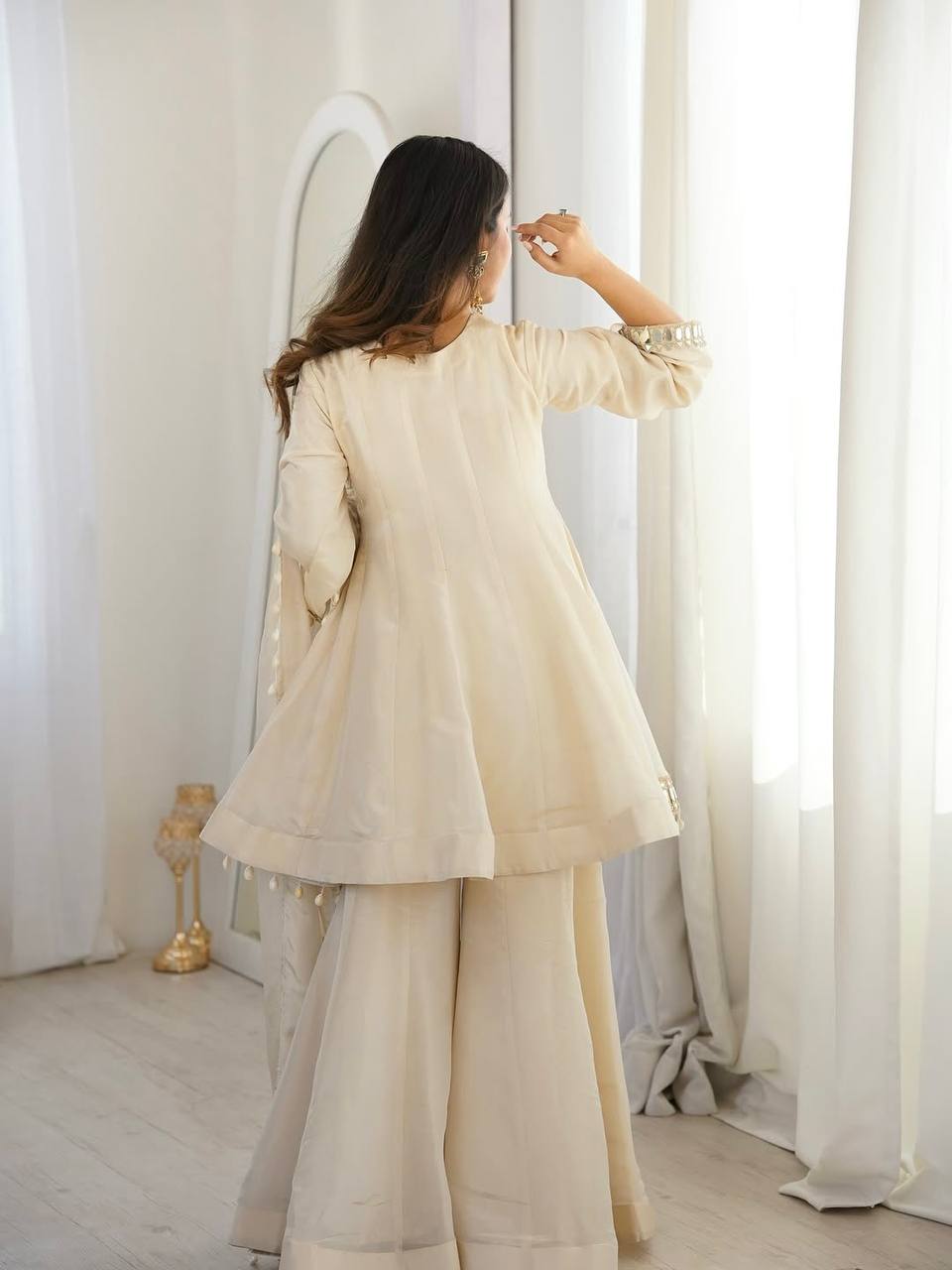 Elegant Organza Silk Mirror Work Sharara Suit Set with Dupatta