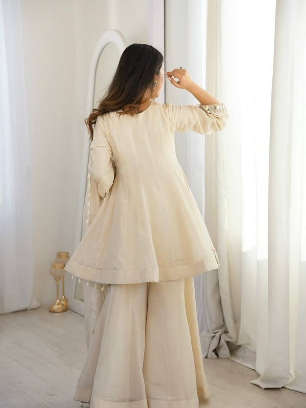 Elegant Organza Silk Mirror Work Sharara Suit Set with Dupatta