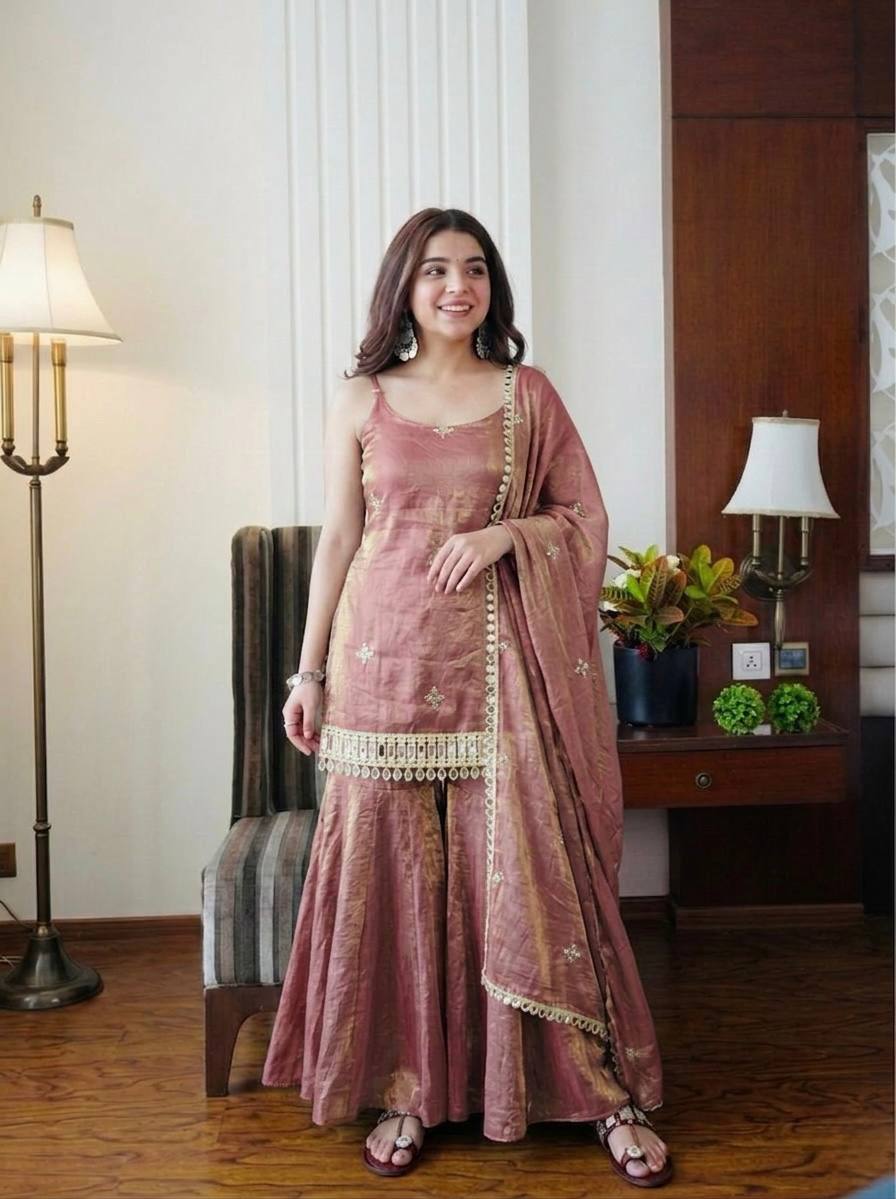 Elegant Teal Fendy Silk Embroidered Sharara Set with Mirror Work Dupatta