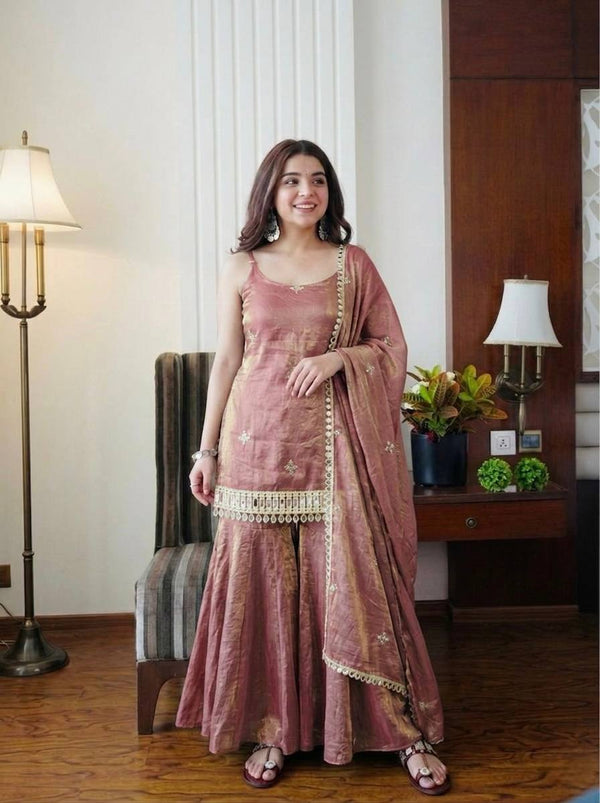 Elegant Teal Fendy Silk Embroidered Sharara Set with Mirror Work Dupatta