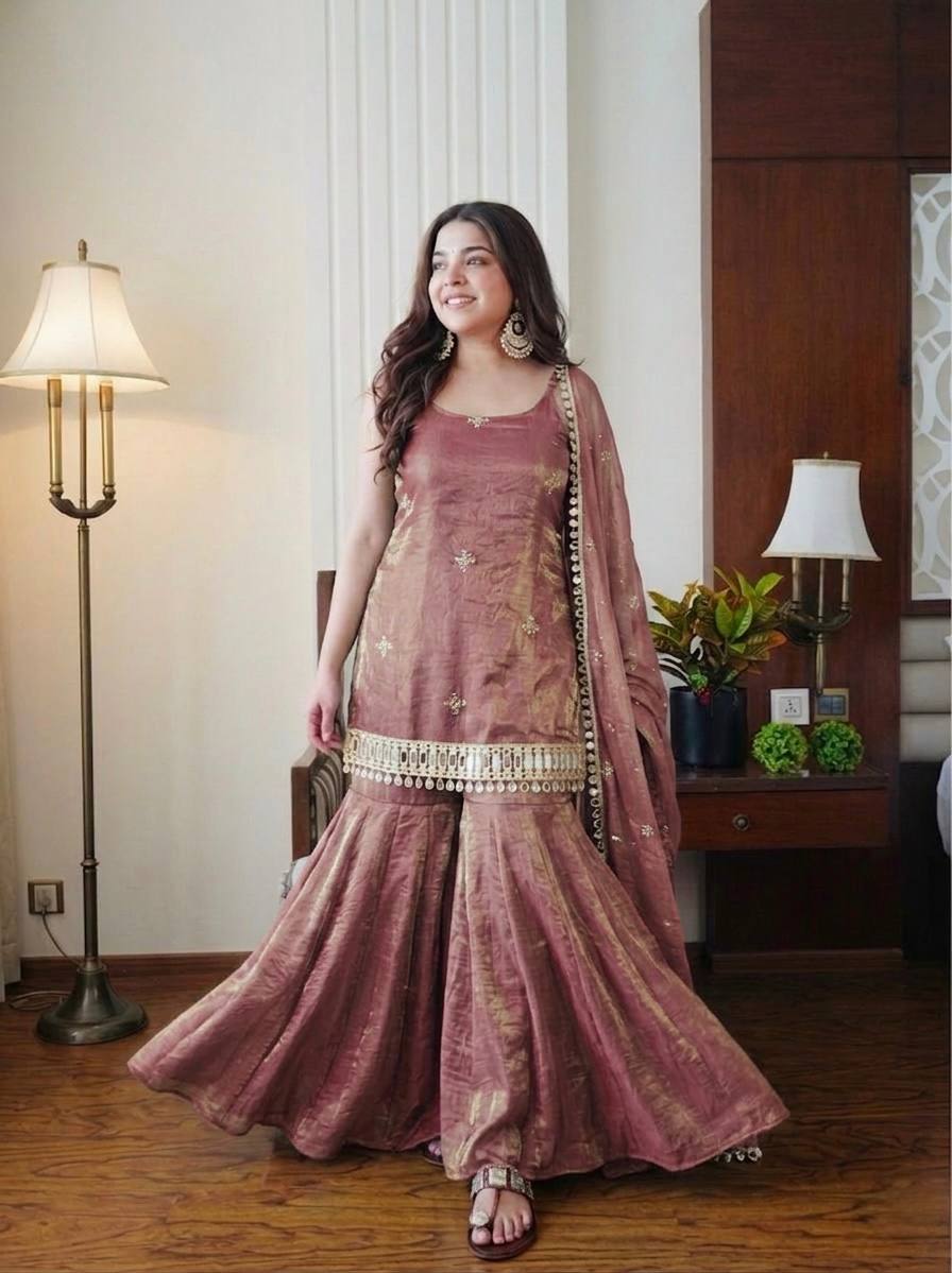 Elegant Teal Fendy Silk Embroidered Sharara Set with Mirror Work Dupatta