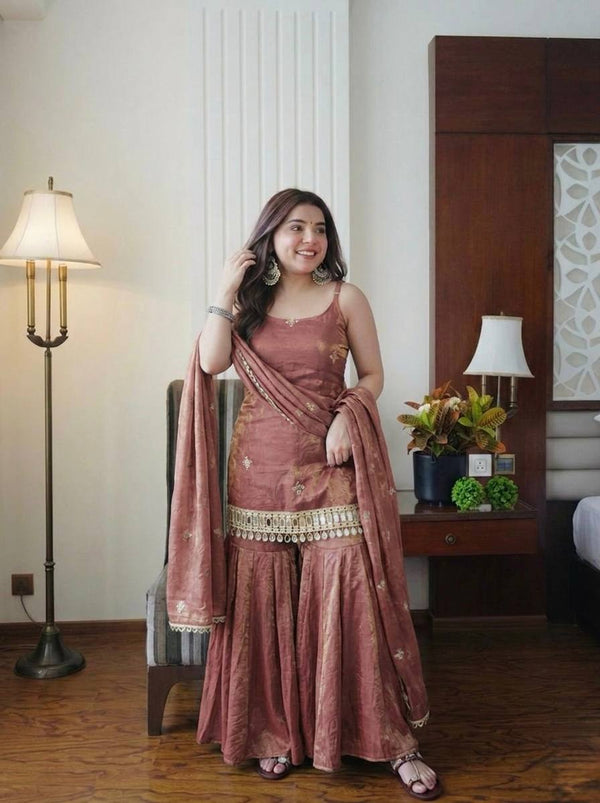 Elegant Teal Fendy Silk Embroidered Sharara Set with Mirror Work Dupatta