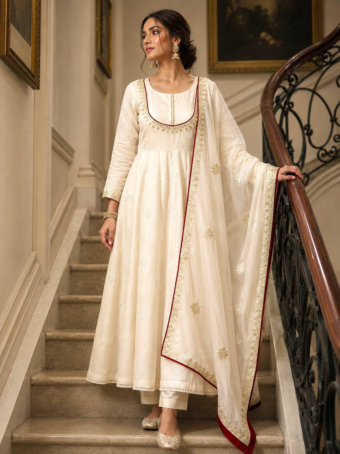 Roman Cotton Embroidered Anarkali Gown Set with Organza Dupatta