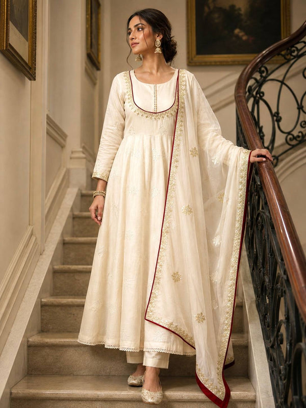 Roman Cotton Embroidered Anarkali Gown Set with Organza Dupatta