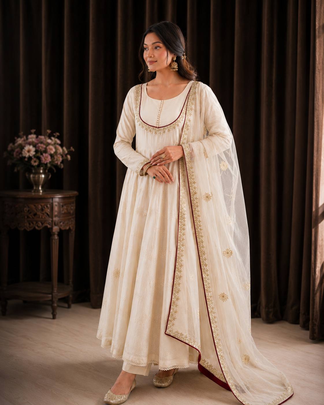 Roman Cotton Embroidered Anarkali Gown Set with Organza Dupatta