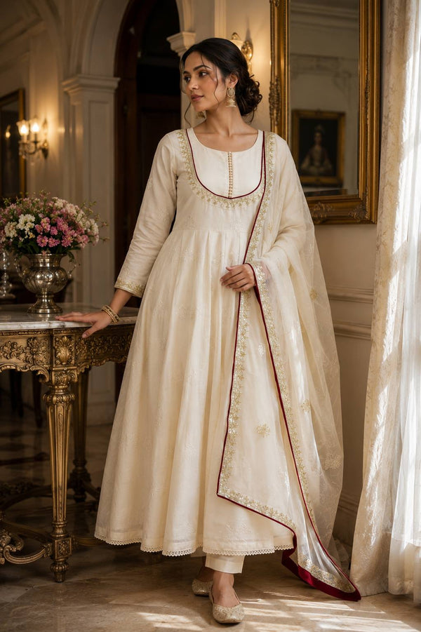 Roman Cotton Embroidered Anarkali Gown Set with Organza Dupatta