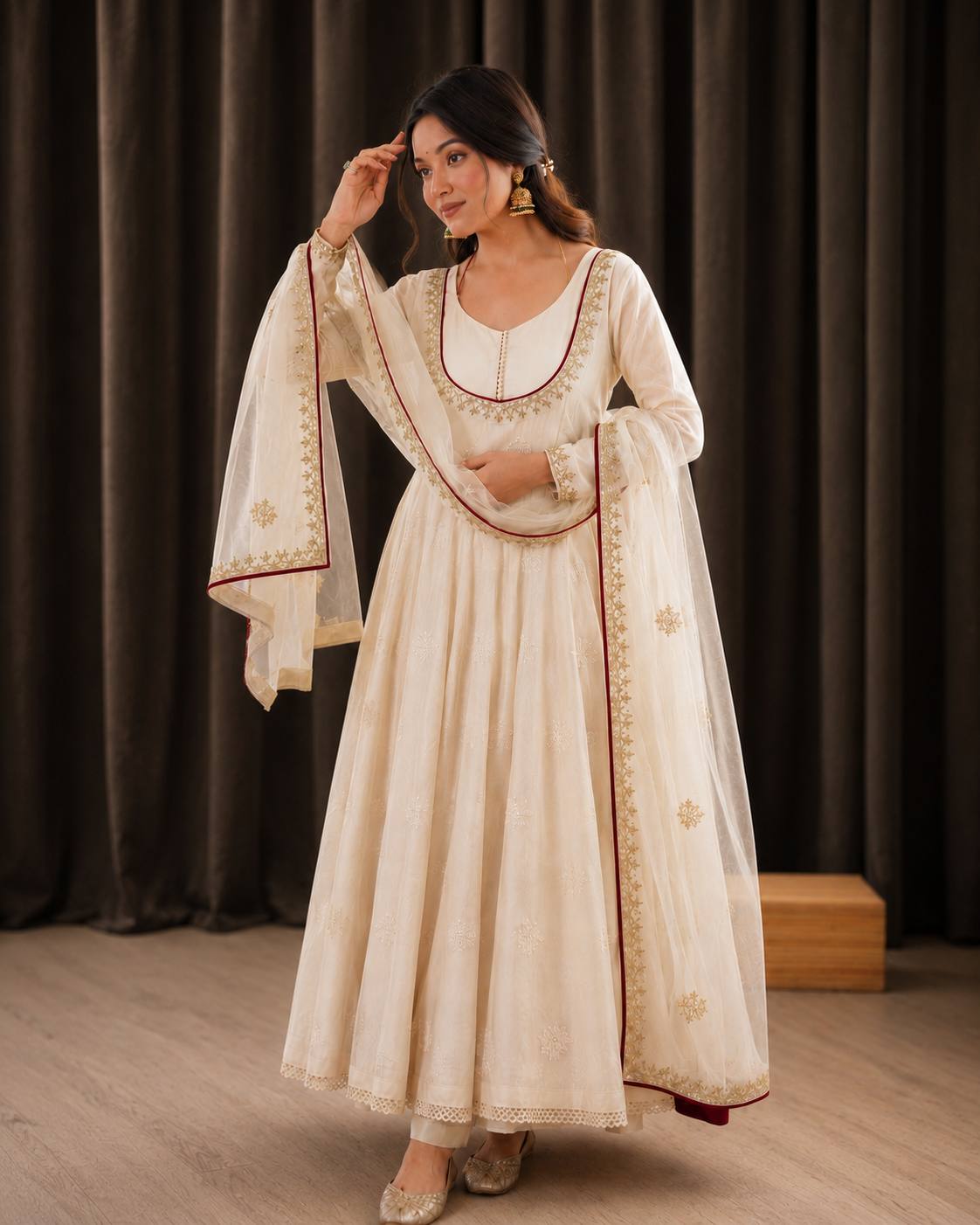 Roman Cotton Embroidered Anarkali Gown Set with Organza Dupatta