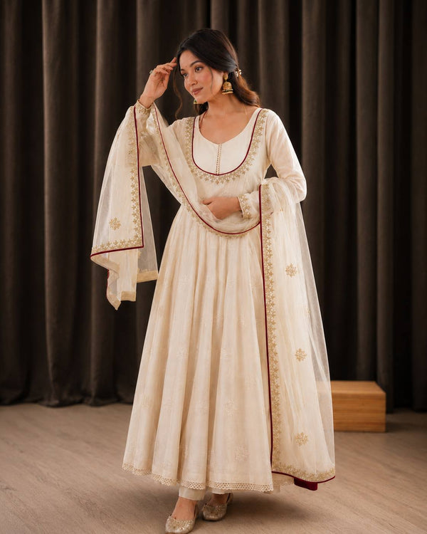 Roman Cotton Embroidered Anarkali Gown Set with Organza Dupatta