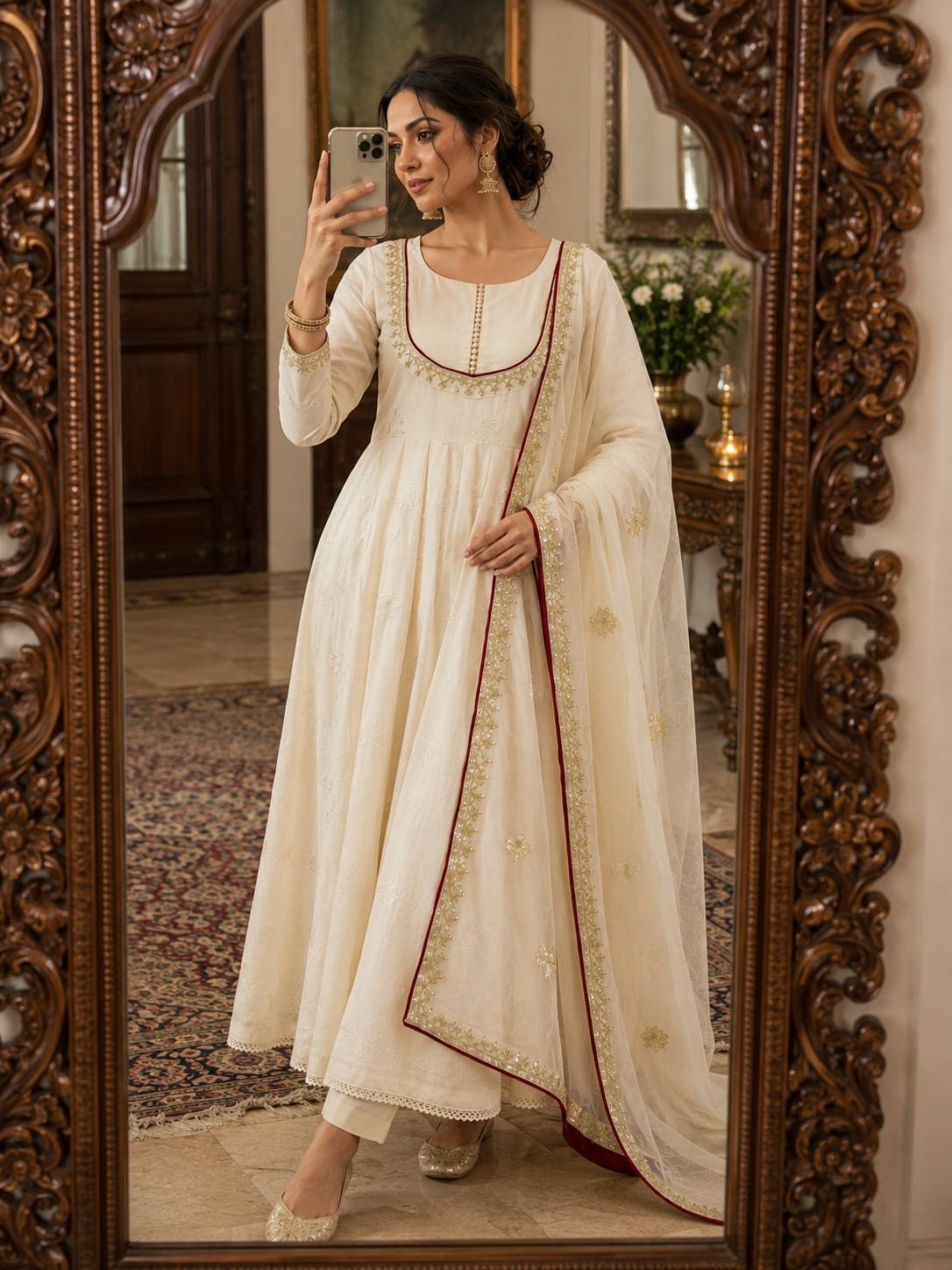 Roman Cotton Embroidered Anarkali Gown Set with Organza Dupatta