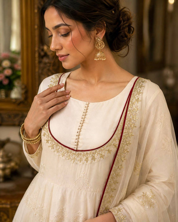 Roman Cotton Embroidered Anarkali Gown Set with Organza Dupatta