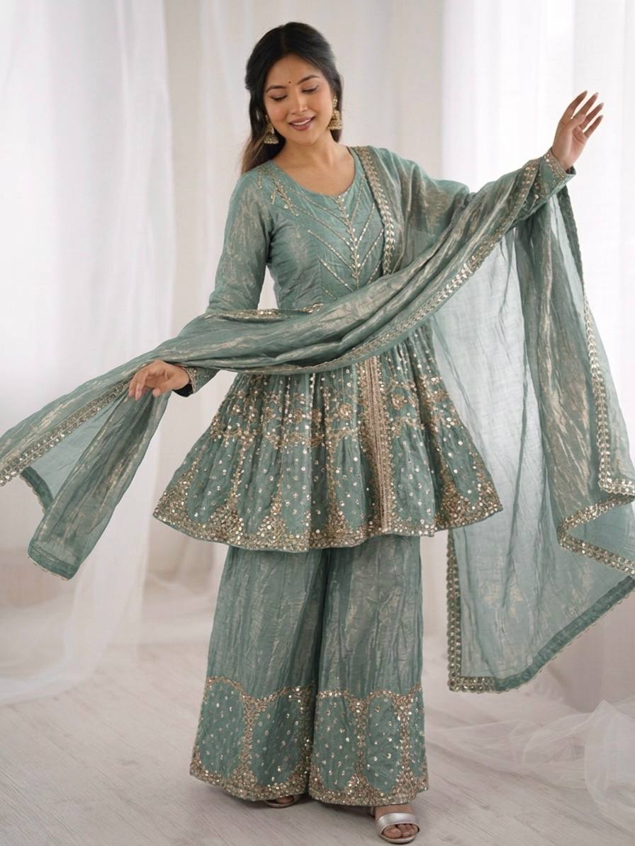 Fendy Silk Embroidered Palazzo Set Party Wear Outfit