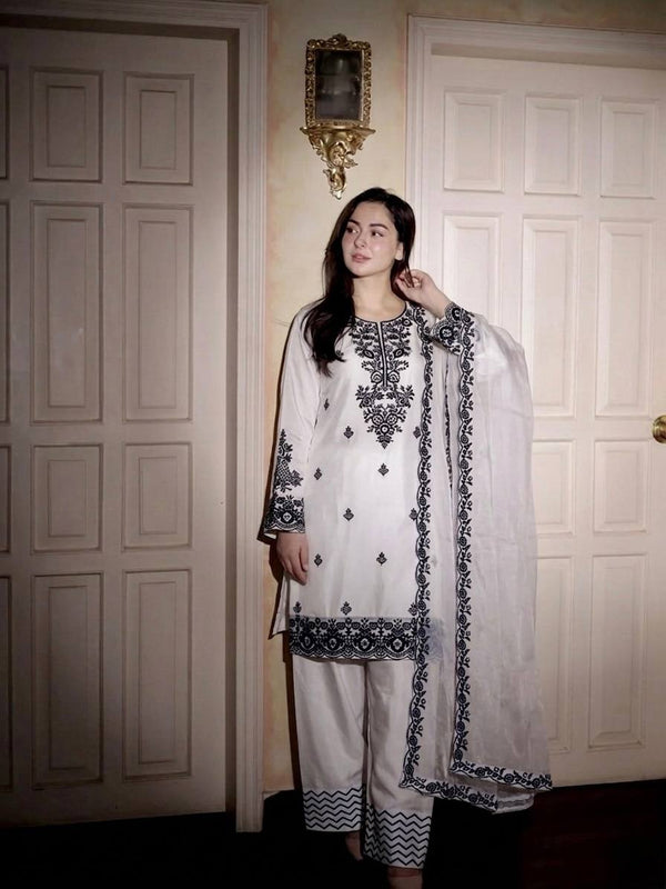 Elegant White Rayon Cotton Embroidered Kurta Set with Farshi Pants & Dupatta